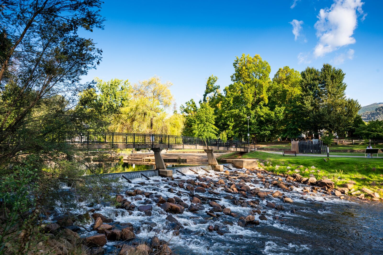 River and footbridge in Bright parklands